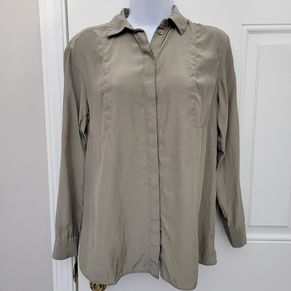Lafayette 148 100% Silk Taupe Long Sleeve Hidden Button Blouse Size Small Petite